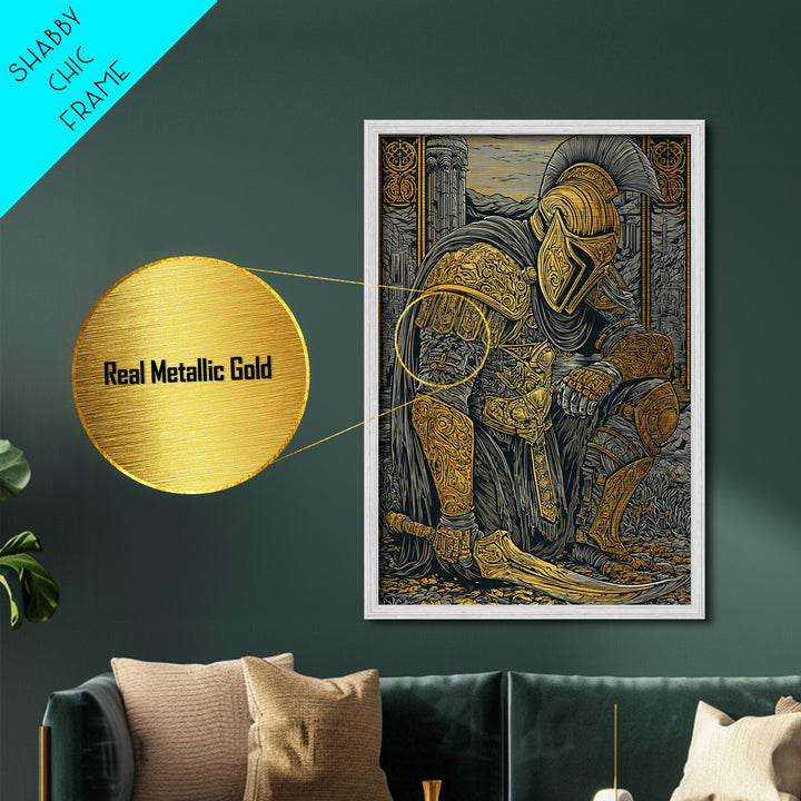 Kneeling Spartan Warrior Metallic Gold Metal Print – Ancient Greek Hoplite Wall Art with Real Wood Frame