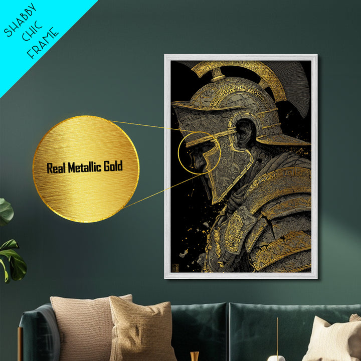 Profile Spartan Warrior Helmet Metallic Gold Metal Print – Ancient Greek Hoplite Wall Art with Real Wood Frame