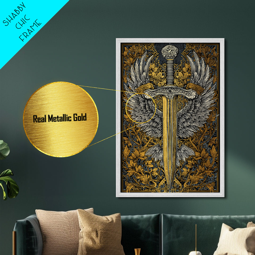 Winged Sword Metallic Gold Metal Print – Intricate Medieval Blade with Angel Wings Design, Real Wood Frame Wall Art