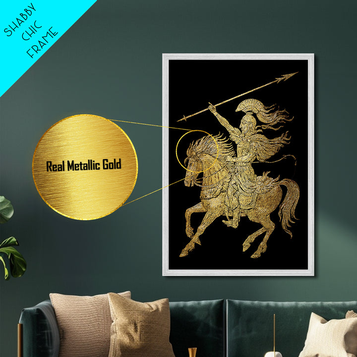 Ancient Warrior on Horseback Metallic Gold Metal Print – Greek Mythology Spear Rider, Real Wood Frame Classical Wall Art