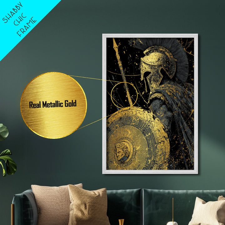Greek Hoplite Warrior Metallic Gold Art – Spartan Spear and Shield Design, Real Wood Frame Classical Battle Scene Wall Décor