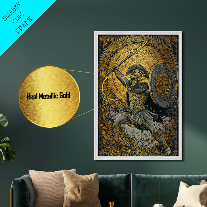 Heroic Spartan Warrior Metallic Gold Metal Print – Lion Shield and Spear Combat Scene, Real Wood Frame Greek Mythology Art