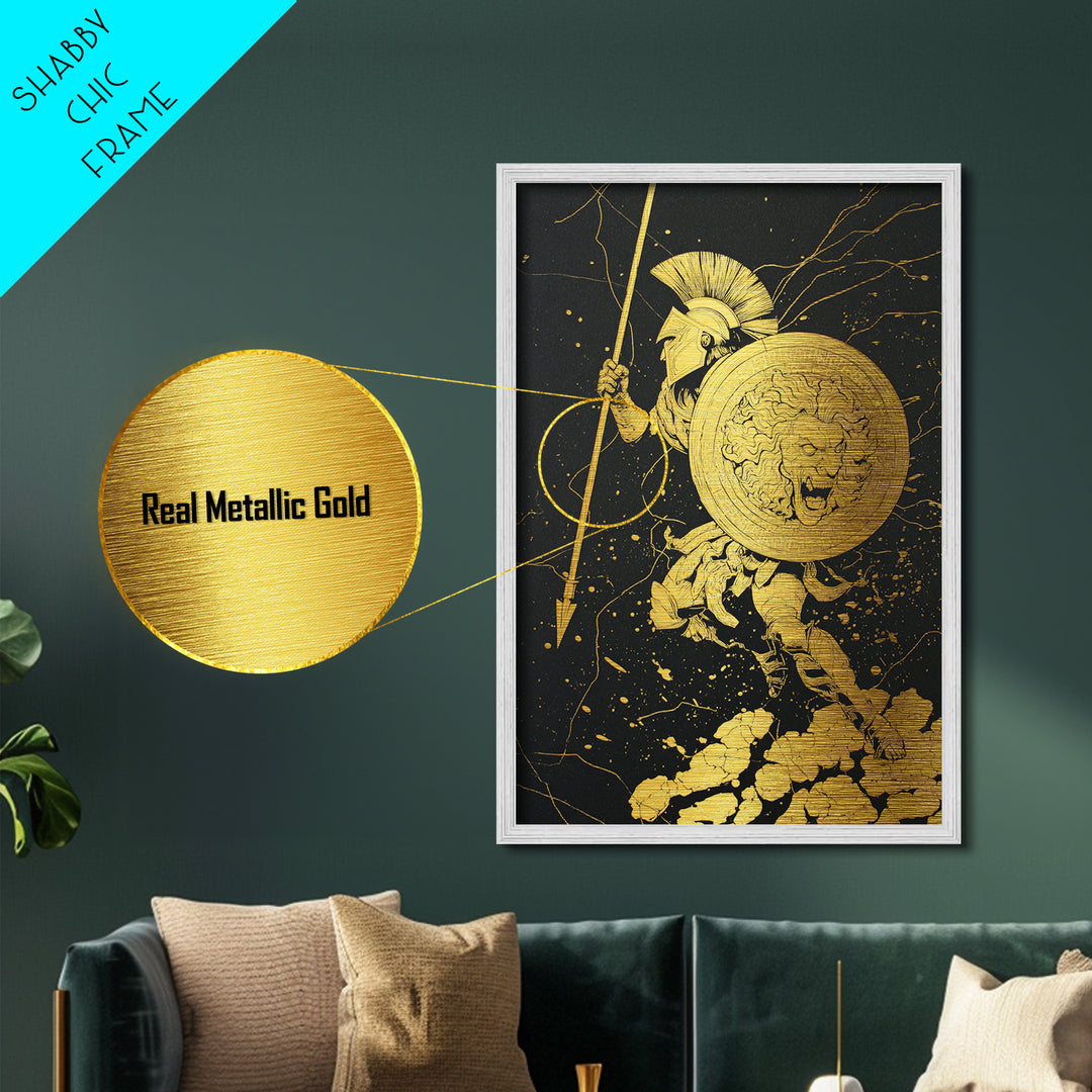 Charging Hoplite Warrior Metallic Gold Art – Greek Spear and Lion Shield Battle Pose, Real Wood Frame Ancient Warrior Wall Art