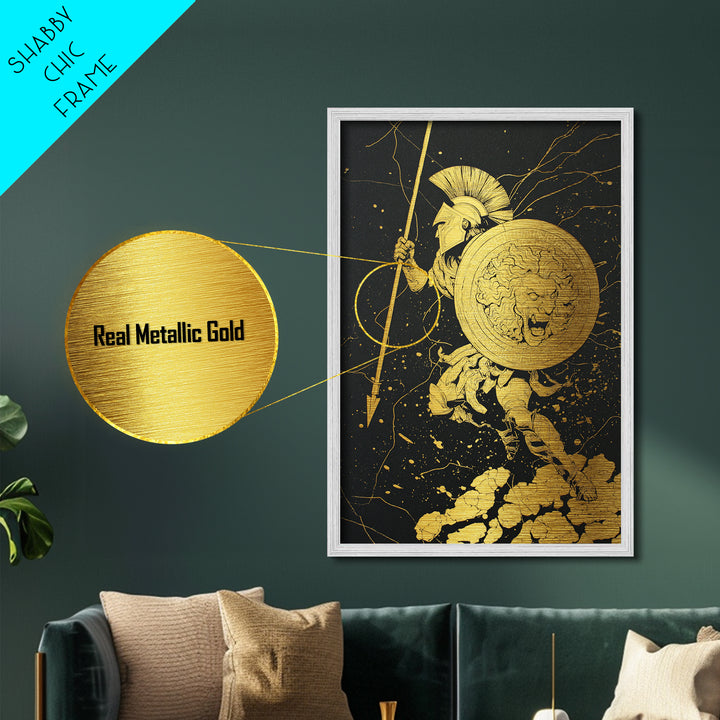 Charging Hoplite Warrior Metallic Gold Art – Greek Spear and Lion Shield Battle Pose, Real Wood Frame Ancient Warrior Wall Art