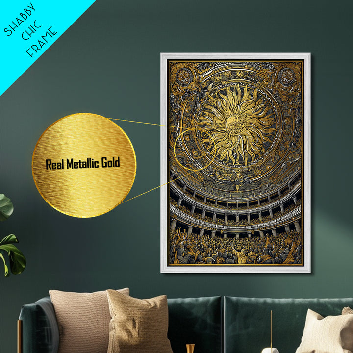 Grand Sun Ceiling Metallic Gold Metal Print – Ornate Mythological Dome Artwork, Real Wood Frame Classical Architectural Wall Art