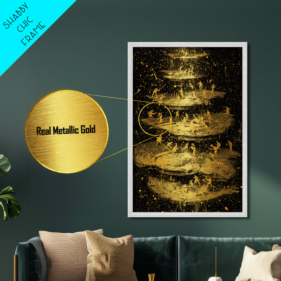 Celestial Battle Layers Metallic Gold Metal Print – Mythological Figures Across Cosmic Rings, Real Wood Frame Fantasy Art