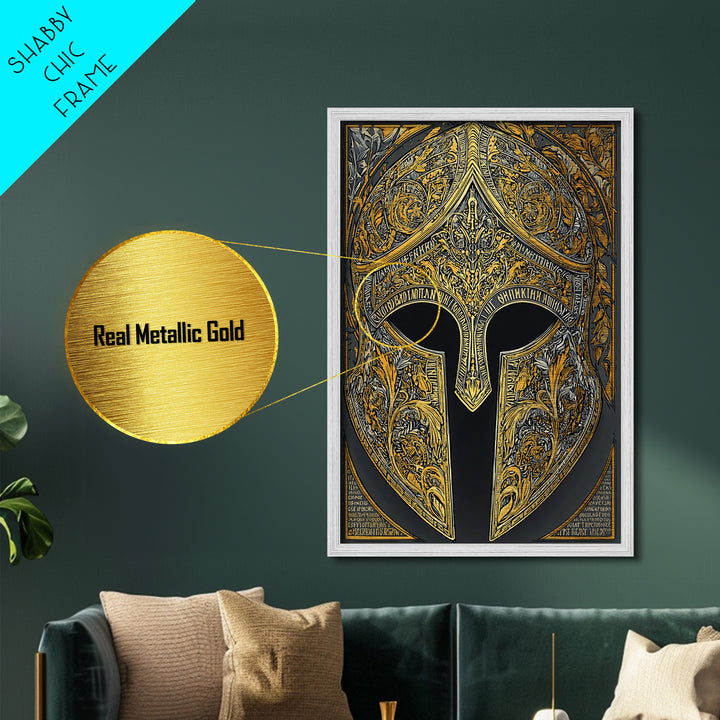 Mythic Greco-Roman Helmet with Ivy and Scrollwork – Metallic Gold Art, Framed Metal Art with Real Wood, Ancient Battle Decor