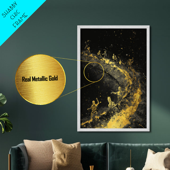 Warriors on Golden Path Metallic Gold Art – Surreal Spiral Battle Scene, Real Wood Frame Mythology Inspired Wall Décor