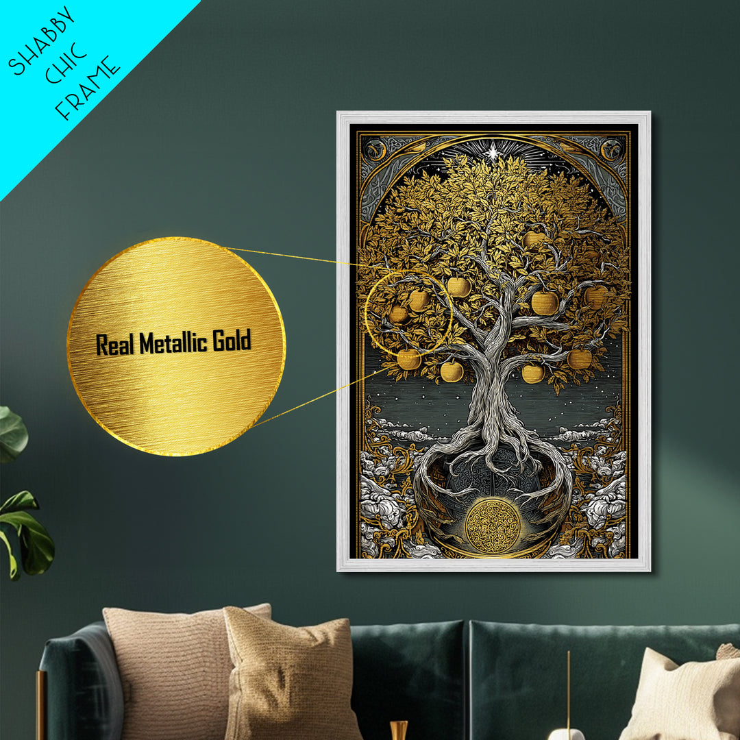 Tree Of Life Artwork, Mythical Golden Tree Wall Art, Metallic Gold Metal Print, Real Wood Frame, Sacred Symbol Decor