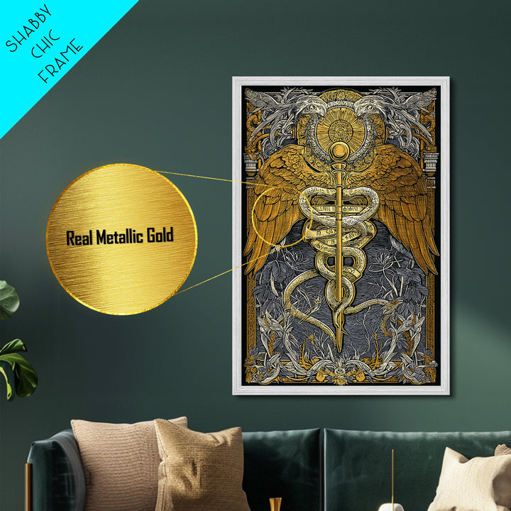 Ornate Medical Symbol Artwork, Caduceus Wall Decor With Wings And Serpents, Metallic Gold Metal Print, Real Wood Frame