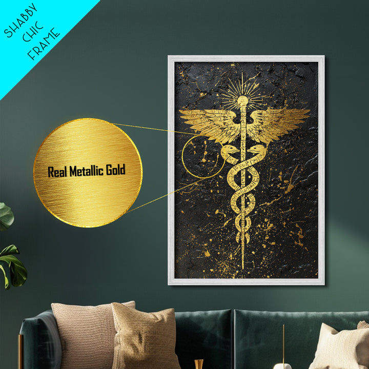 Ancient Caduceus Symbol Art, Golden Serpent And Staff Artwork, Metallic Gold Metal Print, Real Wood Frame Wall Decor