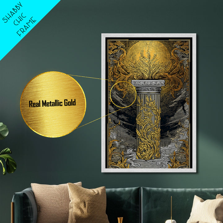 Greek Column Artwork, Mythical Pillar With Golden Flames Wall Art, Metallic Gold Metal Print, Real Wood Frame Decor