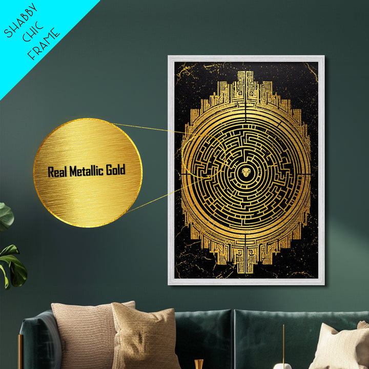 Labyrinth Maze Artwork, Mythical Minotaur Symbol Wall Art, Metallic Gold Metal Print, Real Wood Frame, Ancient Greek Decor