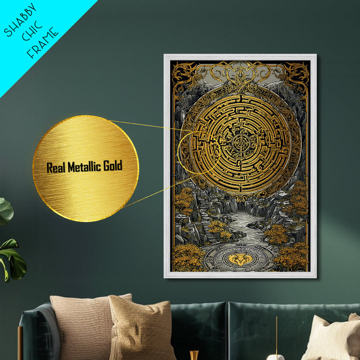 Ancient Maze Artwork, Mystical Labyrinth Symbol Wall Art, Metallic Gold Metal Print, Real Wood Frame, Mythology Inspired Decor