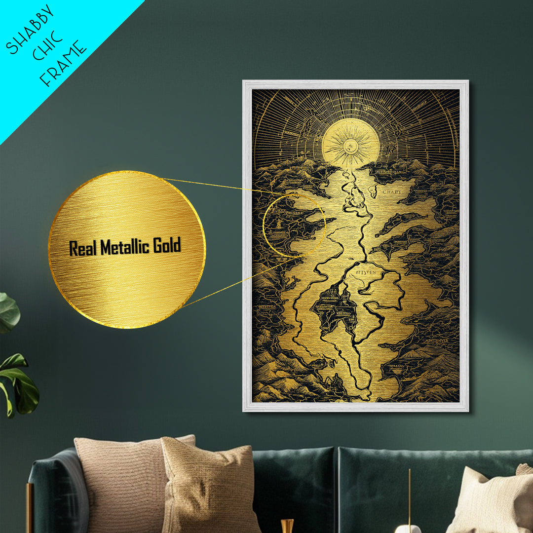 Celestial Map Artwork, Mythical Golden Sun And River Wall Art, Metallic Gold Metal Print, Real Wood Frame, Ancient Inspired Decor