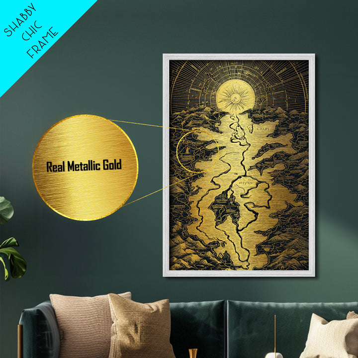 Celestial Map Artwork, Mythical Golden Sun And River Wall Art, Metallic Gold Metal Print, Real Wood Frame, Ancient Inspired Decor