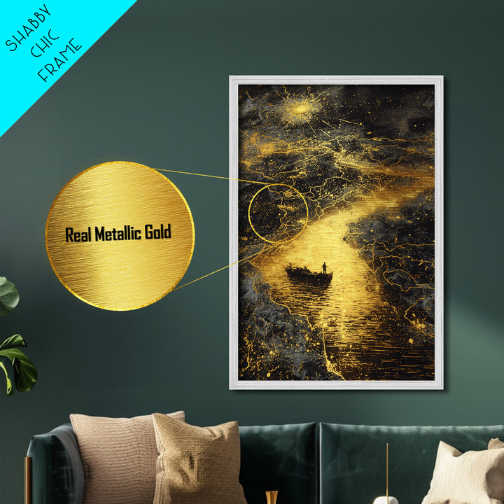 Mythical Boat Journey Artwork, Celestial Golden Map Wall Art, Metallic Gold Metal Print, Real Wood Frame, Mystical Decor