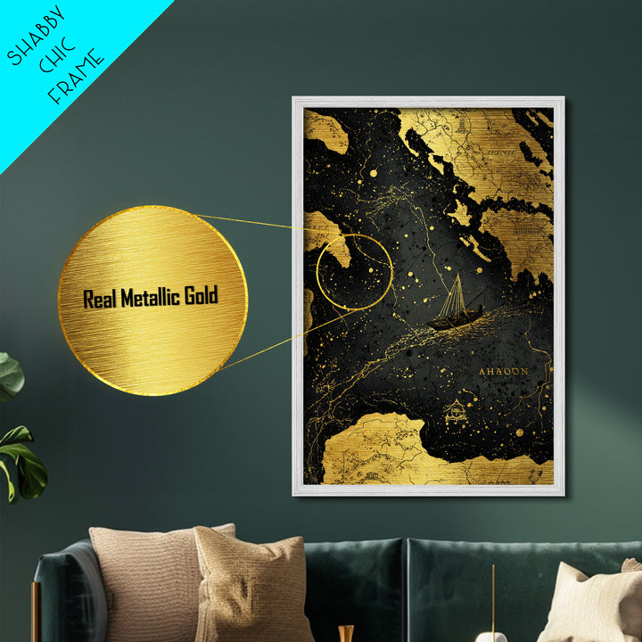 Golden Voyage Map Artwork, Ancient Nautical Journey Wall Art, Metallic Gold Metal Print, Real Wood Frame, Mythical Decor