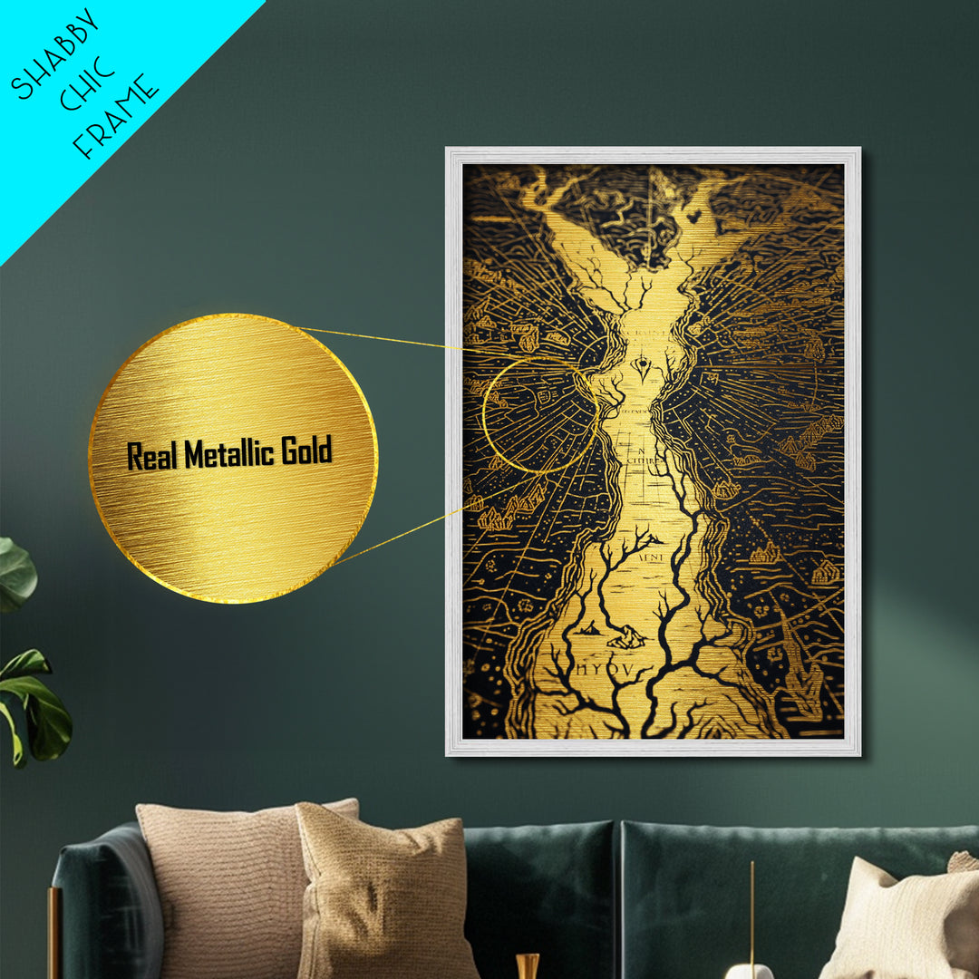 Ancient River Map Artwork, Mythical Golden Waterways Wall Art, Metallic Gold Metal Print, Real Wood Frame, Esoteric Decor