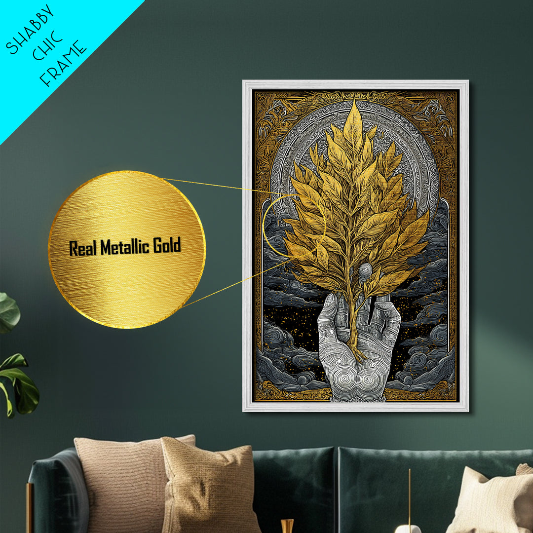 Hand With Golden Leaves Artwork, Mythical Nature Symbol Wall Art, Metallic Gold Metal Print, Real Wood Frame, Sacred Decor