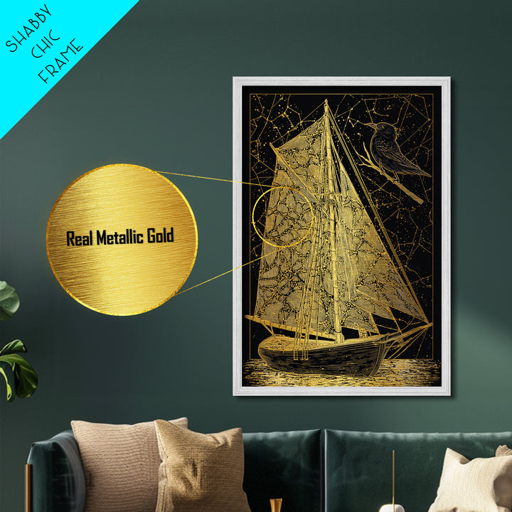 Golden Sailboat Artwork, Mythical Nautical Journey Wall Art, Metallic Gold Metal Print, Real Wood Frame, Celestial Decor