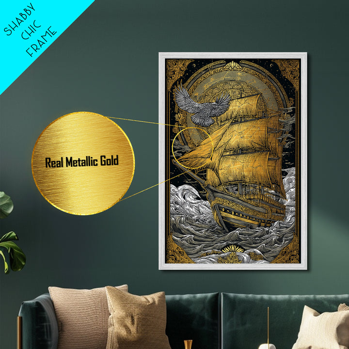 Mythical Sailing Ship Artwork, Celestial Constellation Sea Voyage Wall Art, Metallic Gold Metal Print, Real Wood Frame Decor