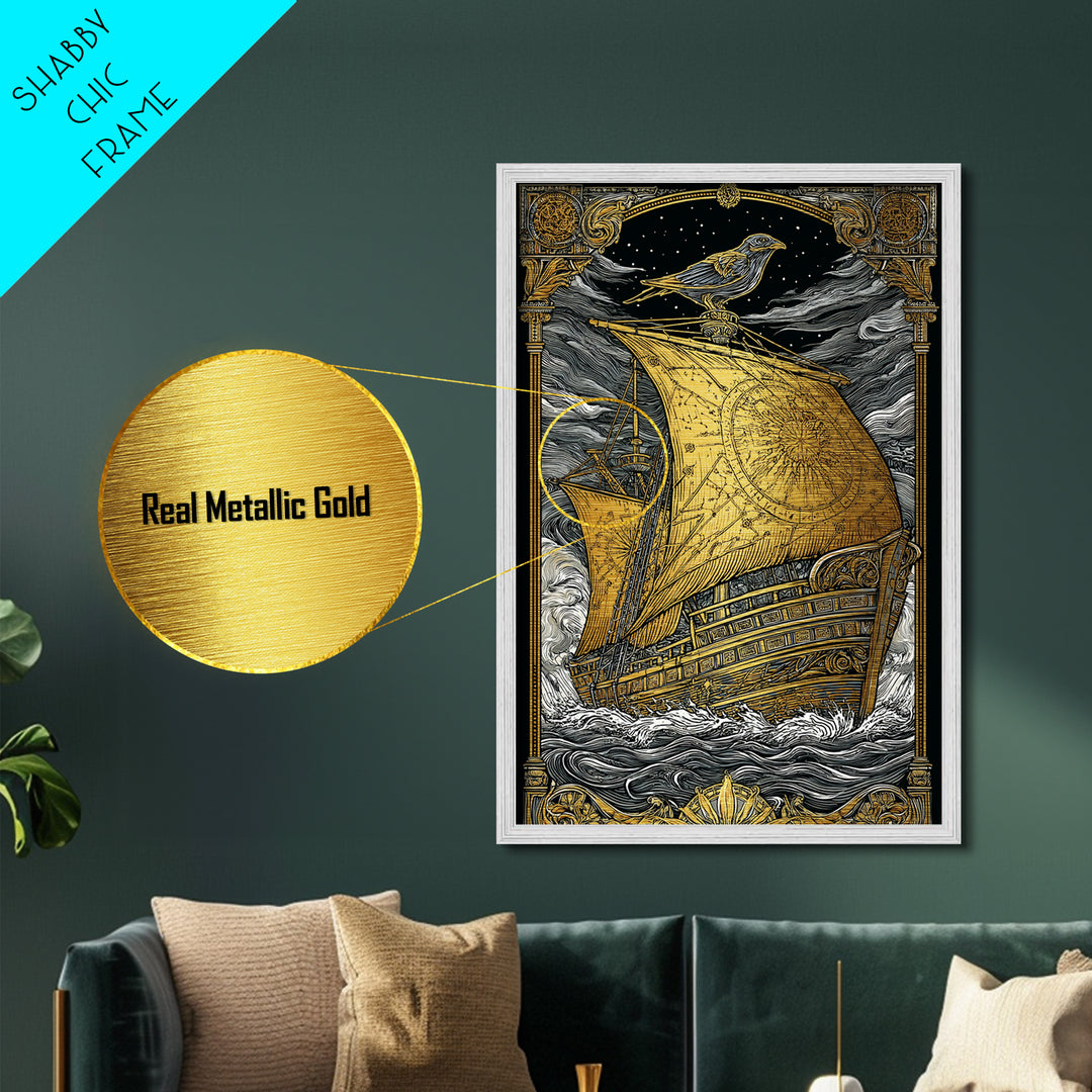 Ancient Ship Artwork, Nautical Journey With Bird Symbol Wall Art, Mythical Celestial Voyage, Metallic Gold Metal Print, Real Wood Frame