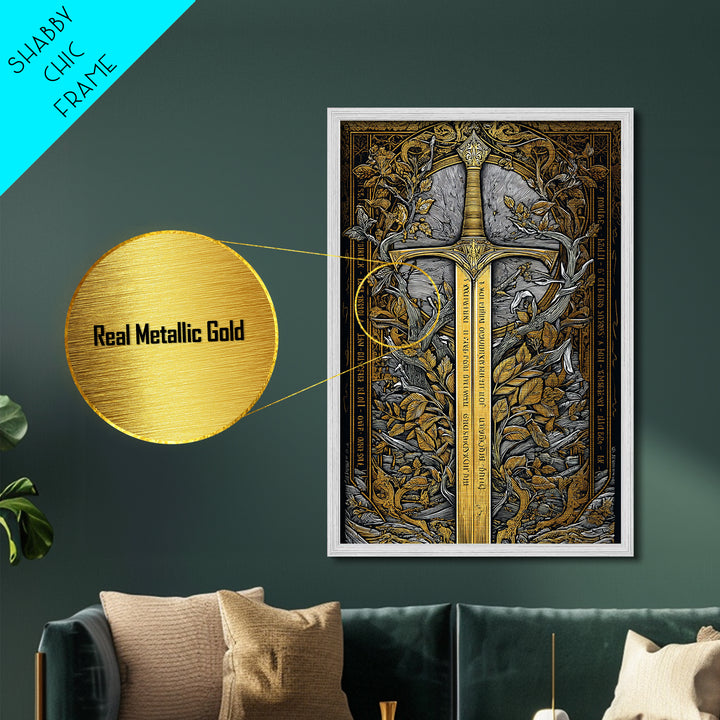 Sword Of Nature Artwork, Mythical Blade Surrounded By Leaves Wall Art, Ancient Weapon Design, Metallic Gold Metal Print, Real Wood Frame