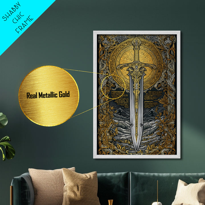 Mythical Sword Artwork, Celestial Blade And Sun Symbol Wall Art, Ornate Weapon Design, Ancient Inspired Decor, Metallic Gold Metal Print, Real Wood Frame