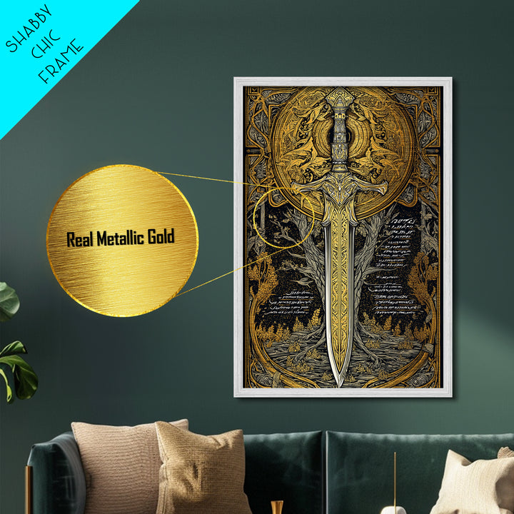 Celestial Sword Artwork, Mythical Blade Surrounded By Ornate Sun Symbol, Ancient Weapon Design, Metallic Gold Metal Print, Real Wood Frame