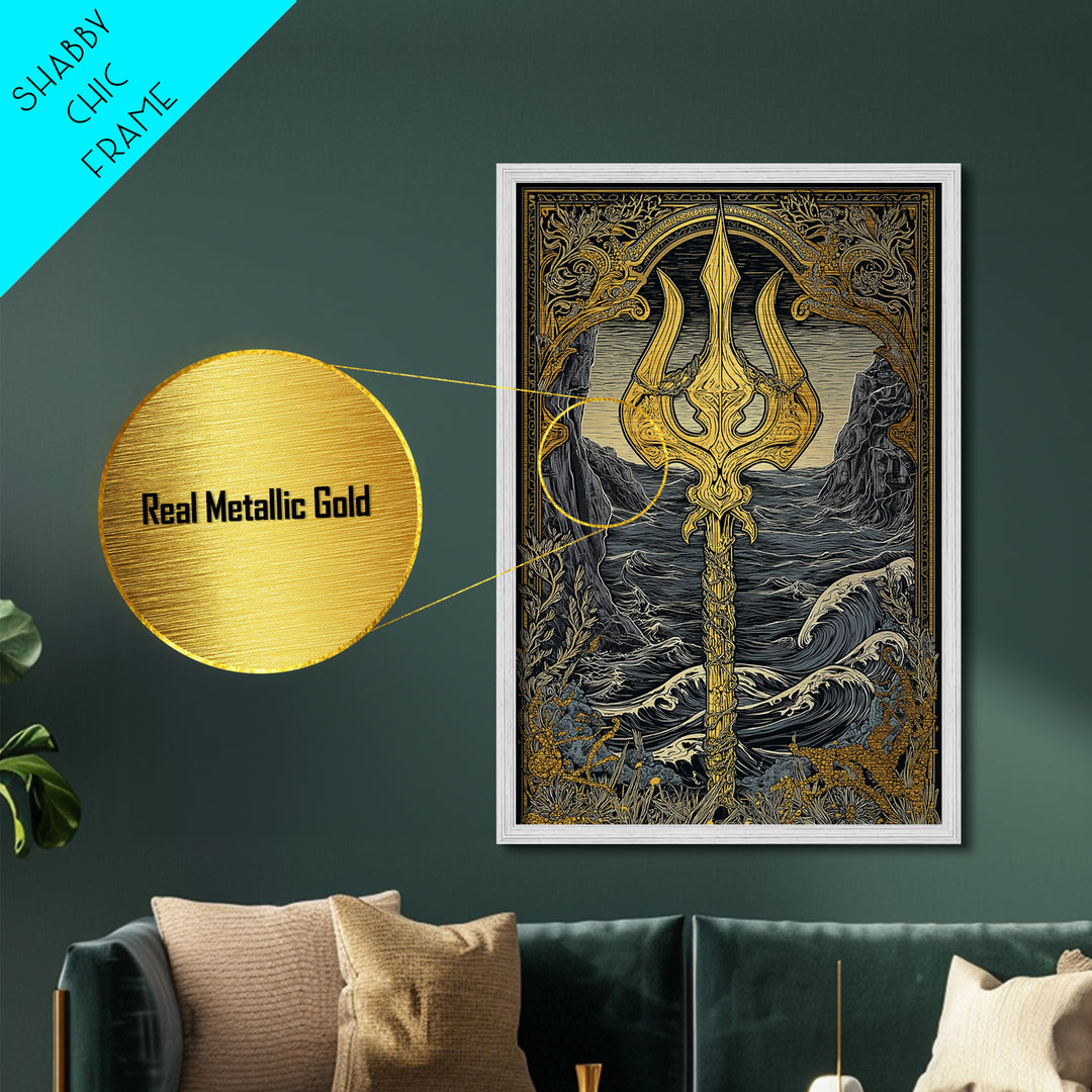 Mythical Trident Artwork, Ocean Waves And Ancient Sea God Symbol Wall Art, Nautical Decor, Metallic Gold Metal Print, Real Wood Frame