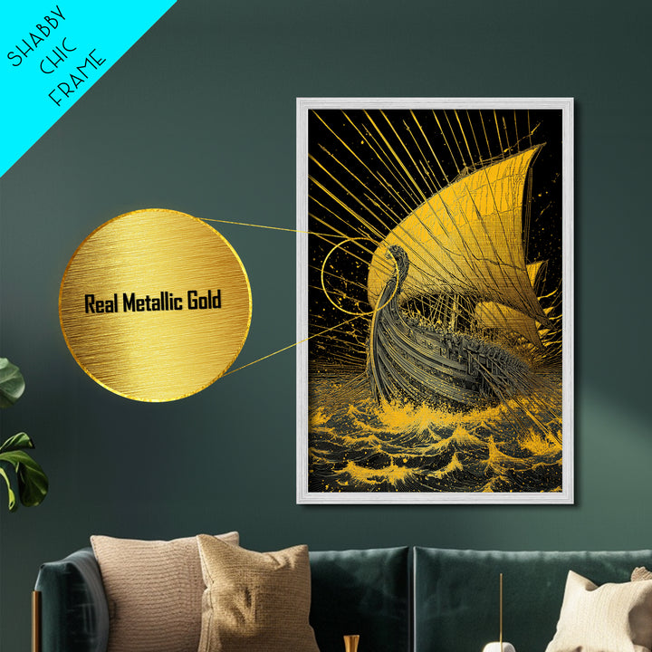Metallic Gold Metal Print, Ancient Greek Ship Wall Art, Mythology Ocean Decor, Real Wood Frame, Historic Maritime Artwork