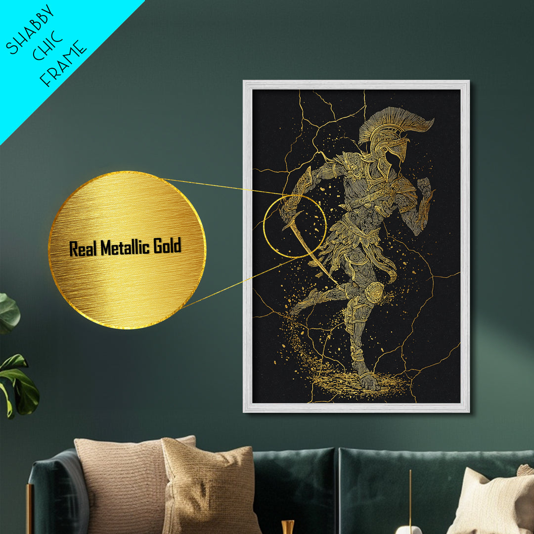 Metallic Gold Metal Print, Spartan Runner Wall Art, Mythology Warrior Decor, Real Wood Frame, Ancient Greek Hero Artwork