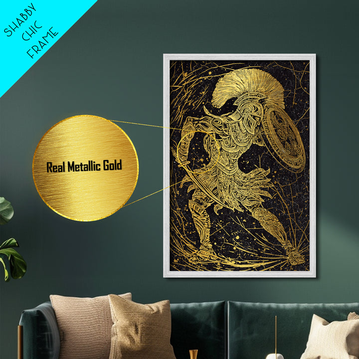 Metallic Gold Art, Ancient Greek Warrior With Shield, Mythology Inspired Wall Decor, Real Wood Frame, Heroic Battle Artwork