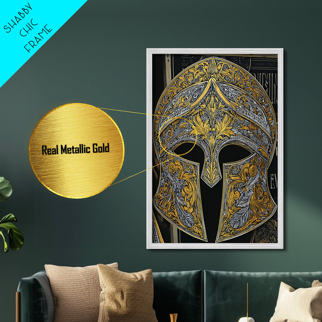 Antique Spartan Helmet with Mythical Inscriptions – Metallic Gold Art, Real Wood Framed Metal Art, Aged Warrior Helmet Wall Art
