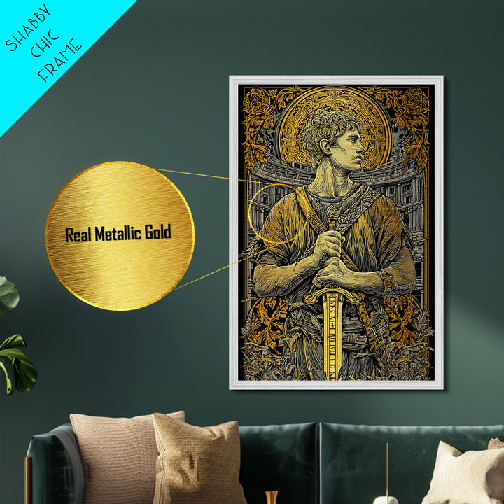 Metallic Gold Art, Roman Warrior Wall Print, Mythology Inspired Decor, Real Wood Frame, Ancient Empire Hero Artwork