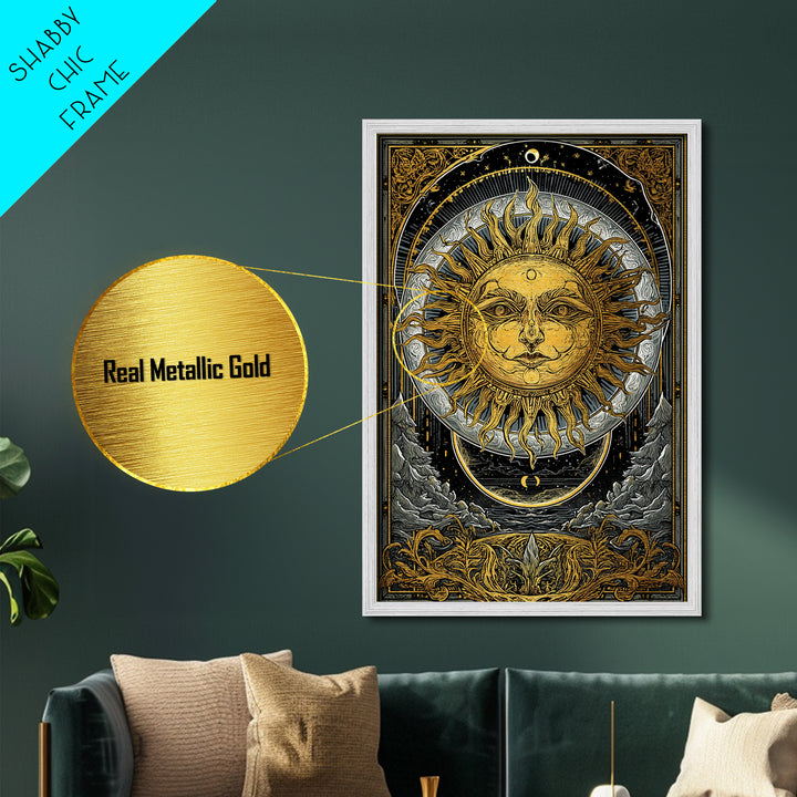 Celestial Sun And Moon Design, Metallic Gold Art, Astrology Wall Print, Mystical Home Decor, Real Wood Frame Mythic Artwork