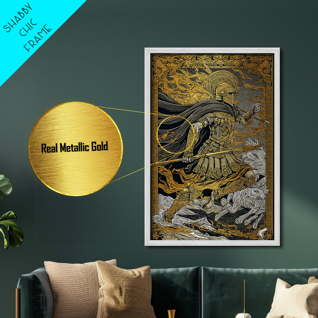 Ancient Warrior With Spear, Metallic Gold Metal Print, Mythology Wall Art, Battle Scene Decor, Real Wood Frame Epic Artwork