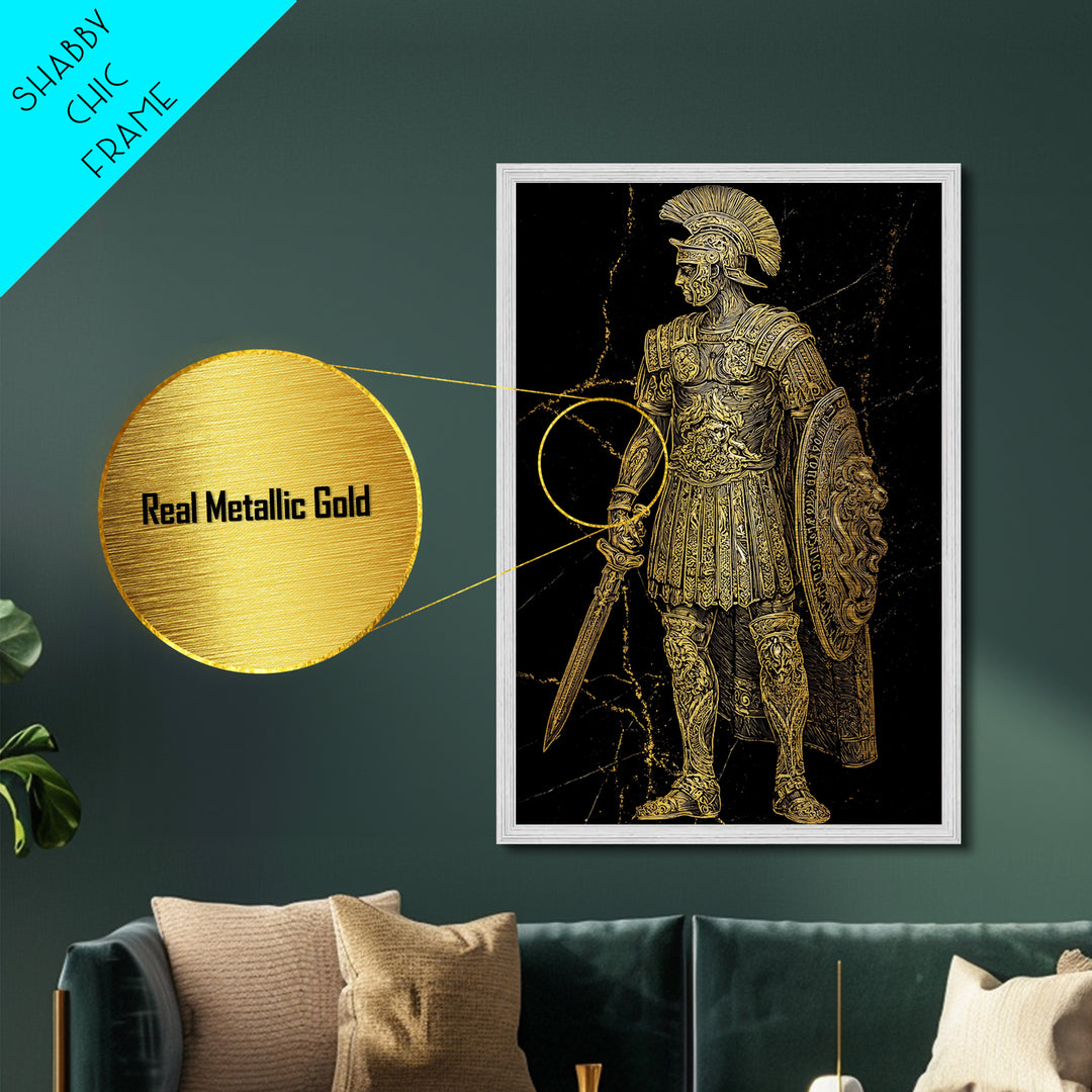 Roman Soldier With Lion Shield, Metallic Gold Metal Print, Gladiator Wall Art, Mythology Decor, Real Wood Frame Artwork