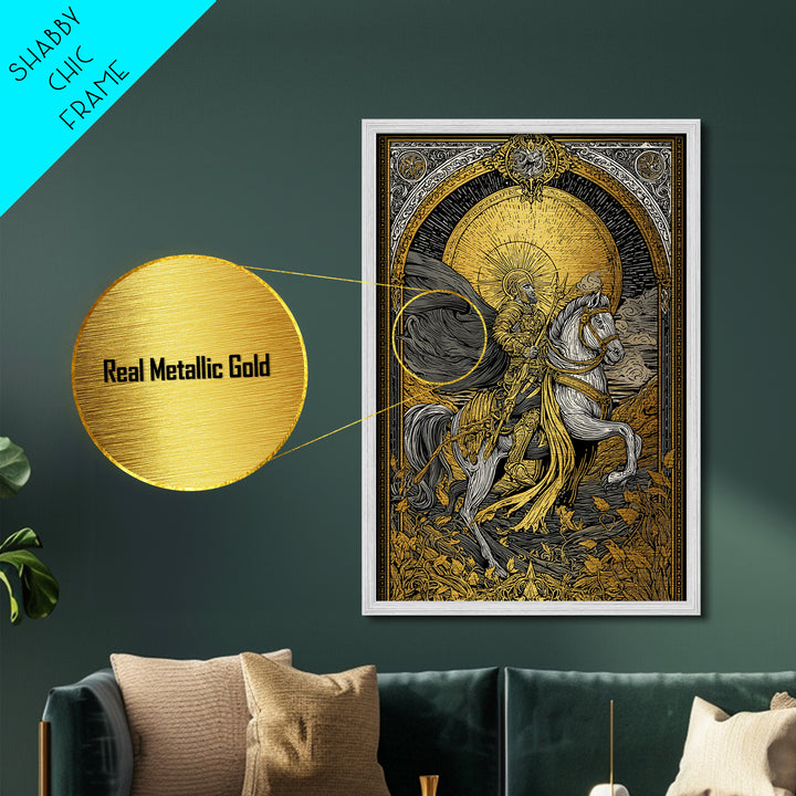 Knight On Horseback With Sun, Metallic Gold Metal Print, Mythology Wall Art, Ancient Decor, Real Wood Frame Battle Artwork