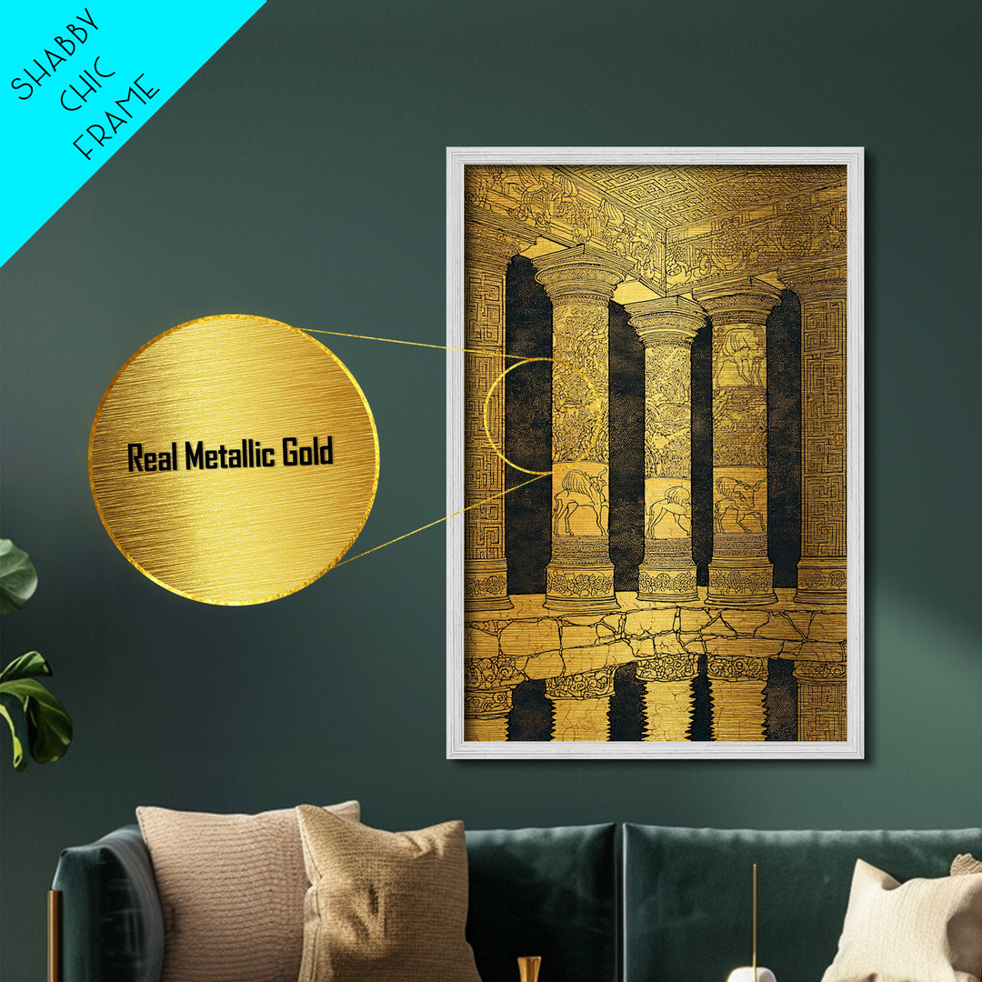 Ancient Greek Temple Columns, Metallic Gold Metal Print, Classical Architecture Wall Art, Historic Decor, Real Wood Frame Artwork
