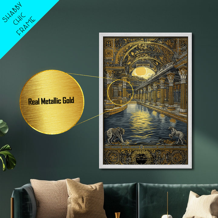 Ancient Temple Columns And Sun, Metallic Gold Metal Print, Mythical Architecture Wall Art, Real Wood Framed Artwork