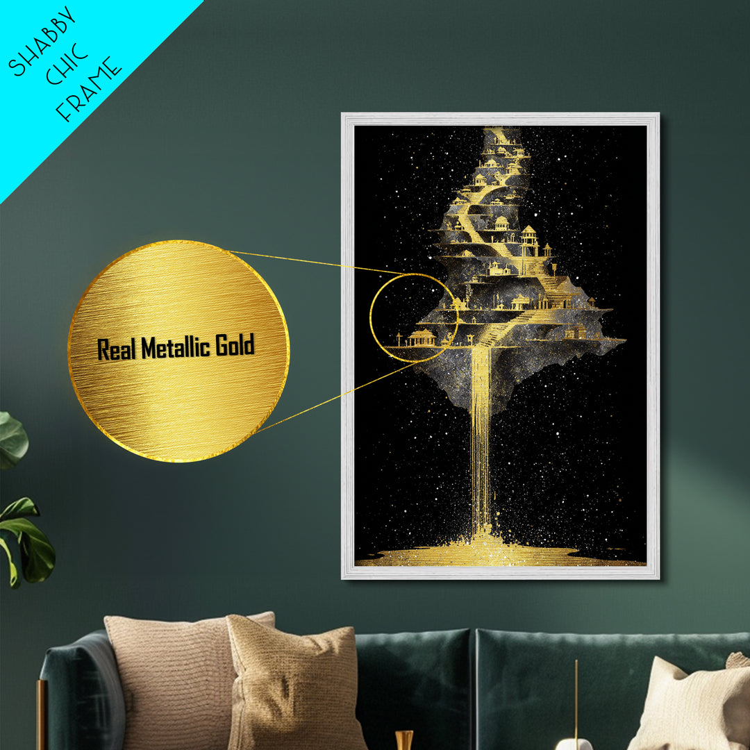 Floating Cosmic City Of Light, Metallic Gold Metal Print, Fantasy Architecture Wall Art, Real Wood Framed Home Decor