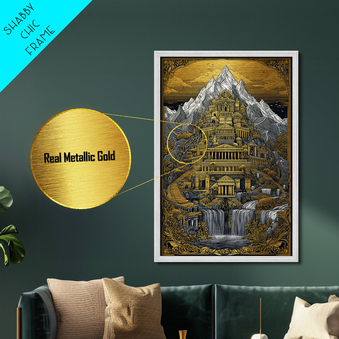 Mythical Mountain Palace With Waterfalls, Metallic Gold Metal Print, Fantasy Landscape Art, Real Wood Framed Wall Decor