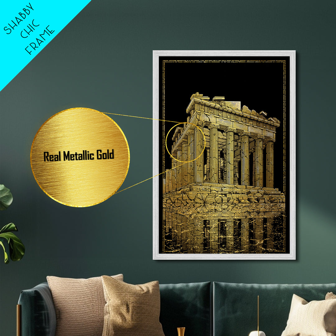 Ancient Ruins On Water Reflection, Metallic Gold Metal Print, Classical Greek Architecture Wall Art, Real Wood Framed Art