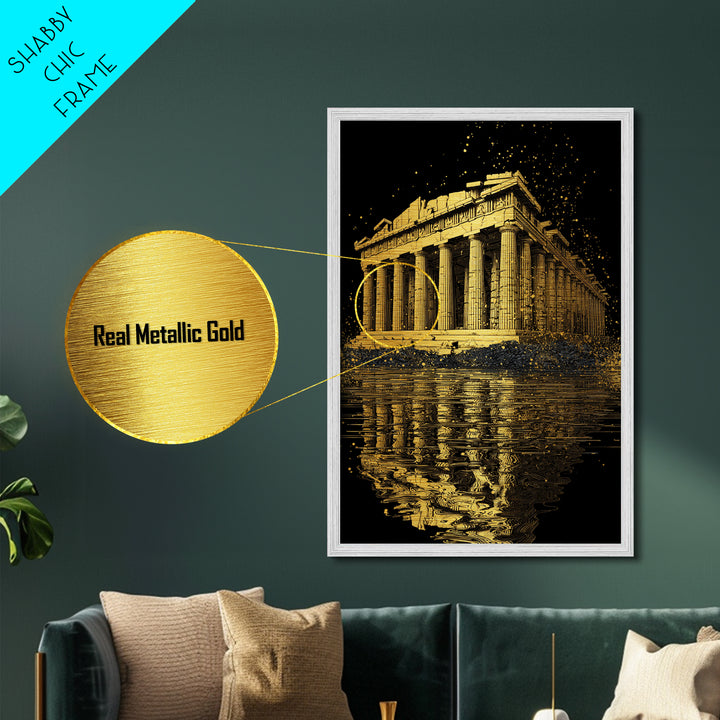 Parthenon Temple Reflection Shimmer, Metallic Gold Metal Print, Ancient Greek Architecture Artwork, Real Wood Framed Decor