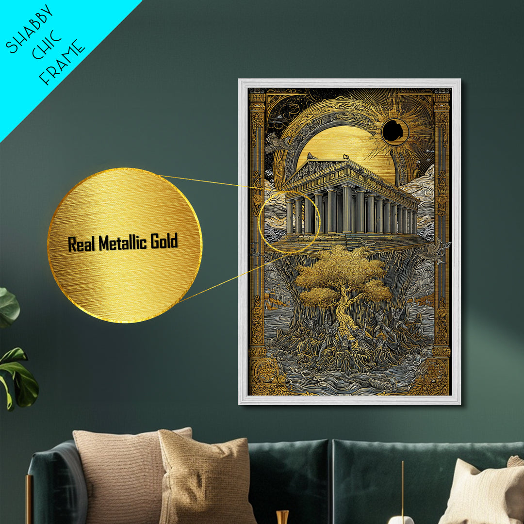 Temple Under Eclipse Sun And Stars, Metallic Gold Metal Print, Mythical Fantasy Architecture Wall Art, Real Wood Framed Art