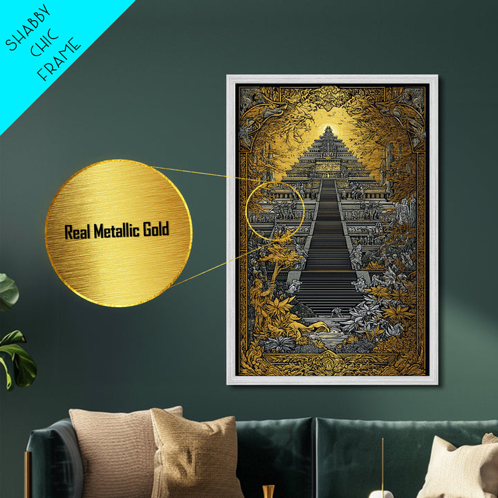 Mythical Ziggurat Sunlit Temple, Metallic Gold Metal Print, Ancient Fantasy Architecture Wall Art, Real Wood Framed Artwork