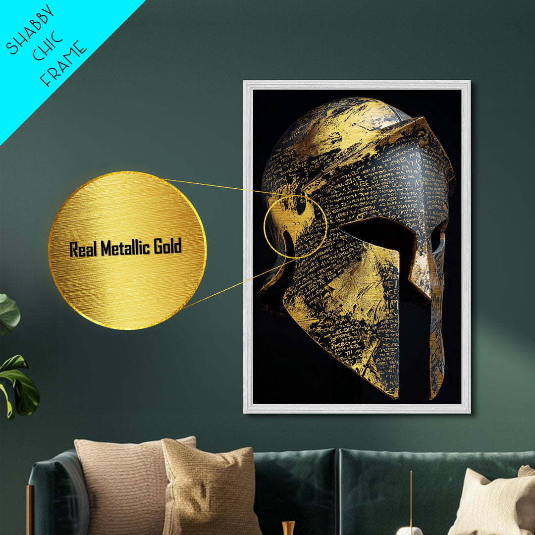 Heavily Ornamented Greek Helmet with Laurel Motif – Metallic Gold Art, Premium Framed Metal Art with Real Wood, Heroic Wall Display