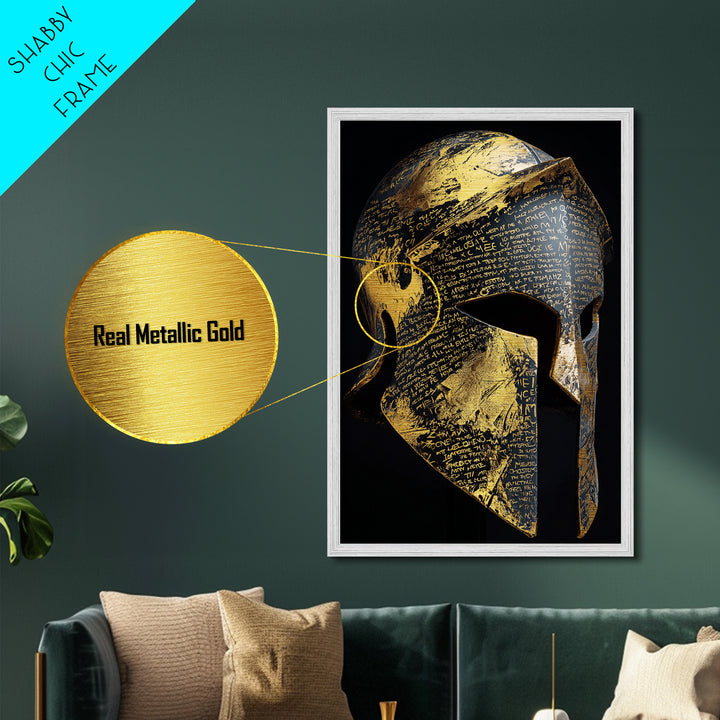 Heavily Ornamented Greek Helmet with Laurel Motif – Metallic Gold Art, Premium Framed Metal Art with Real Wood, Heroic Wall Display